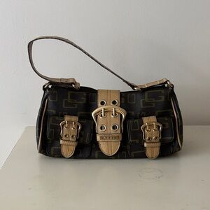 GUESS Brown Logo Shoulder Bag with Tan Buckle Accents